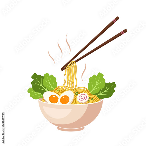 Delicious steaming bowl of savory ramen noodles with chopsticks and fresh garnishes a comforting and satisfying meal experience