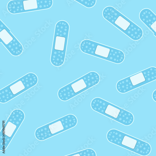 A seamless pattern of light blue adhesive bandages with white pads on a light blue background with a subtle texture