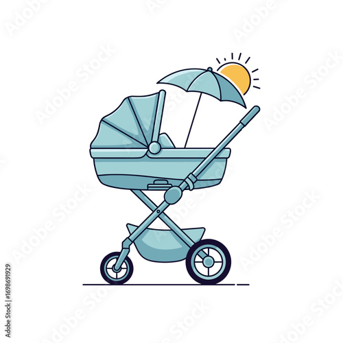A detailed illustration of a modern blue baby stroller with a sunshade and bright sunlight on a white background