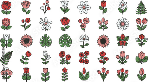 Hand-drawn Floral Illustration Set - Beautiful Roses, Sunflowers, and Leaves