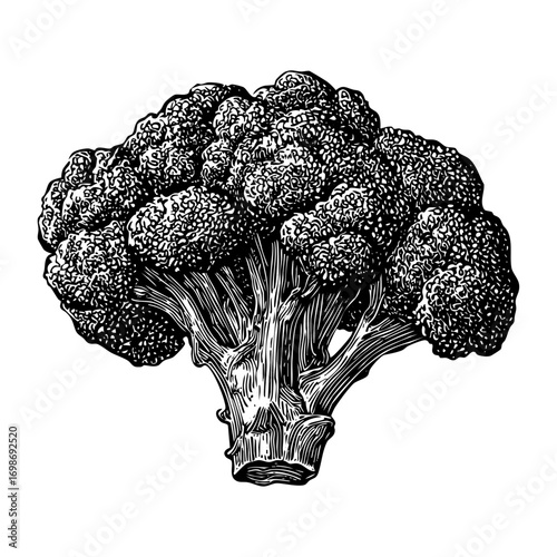 Broccoli engraving illustration. Detailed vegetable drawing. Food engraving. Isolated on white background. Healthy eating.