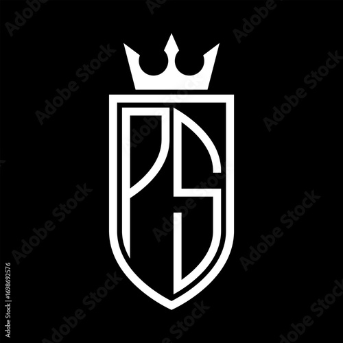 PS Vector logo of initials shield with crown and minimalist, elegant style