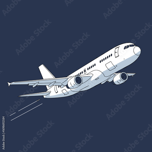 A white passenger airplane ascending into the dark blue sky leaving white smoke trails behind