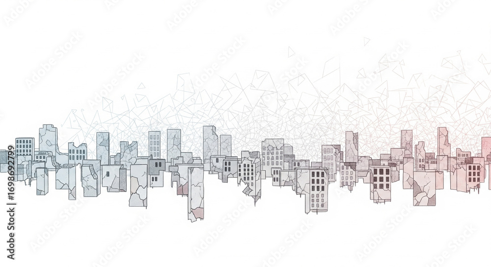 Obraz premium Abstract cracked city skyline illustration. Minimal artistic illustration of cracked and fragmented urban skyline on white background