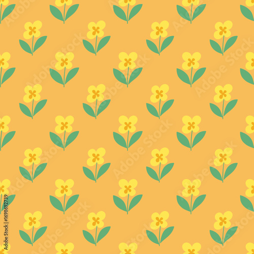A cheerful repeating pattern of simple yellow flowers with green leaves on a warm orange background ideal for textiles and paper goods