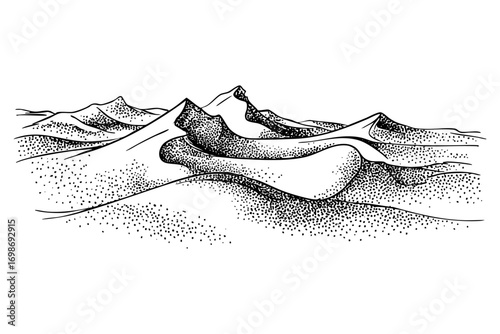 Detailed dune engraving. Desert landscape with sand dunes, a arid environment, a natural formation, a barren terrain, a hot climate.