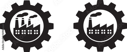 Black industrial factory icons within gears cogwheel chimney