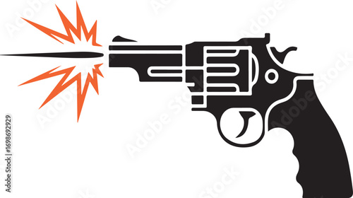 Black revolver firing orange projectile with explosion effect shooting