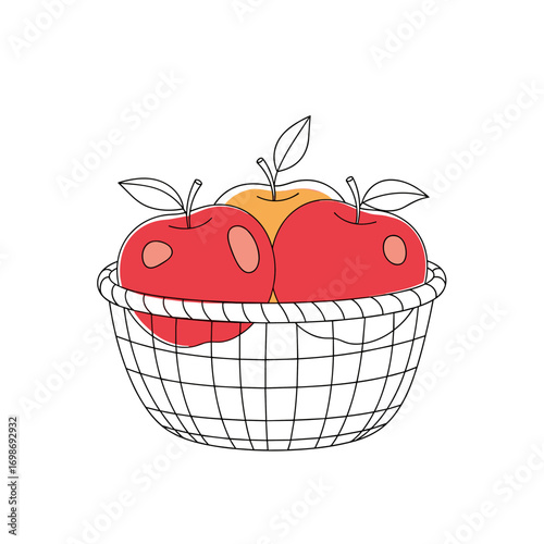 Freshly harvested ripe apples nestled comfortably in a rustic wire basket ready for enjoyment