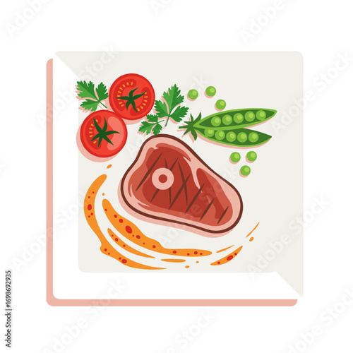 A delicious grilled steak dinner with fresh vegetables and savory sauce on a white plate