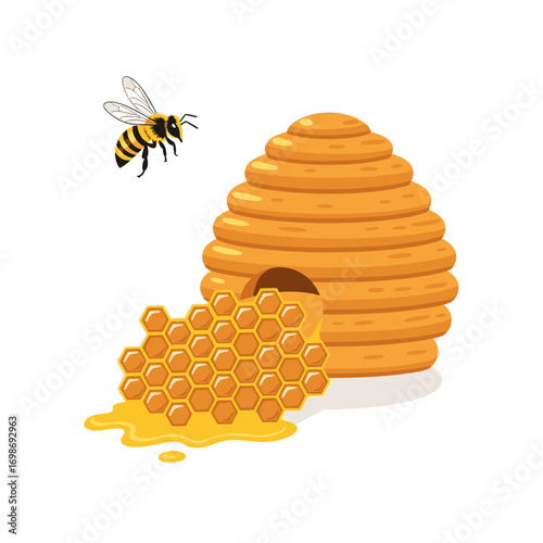 A bee flying near a beehive and honeycomb filled with delicious honey on a white background