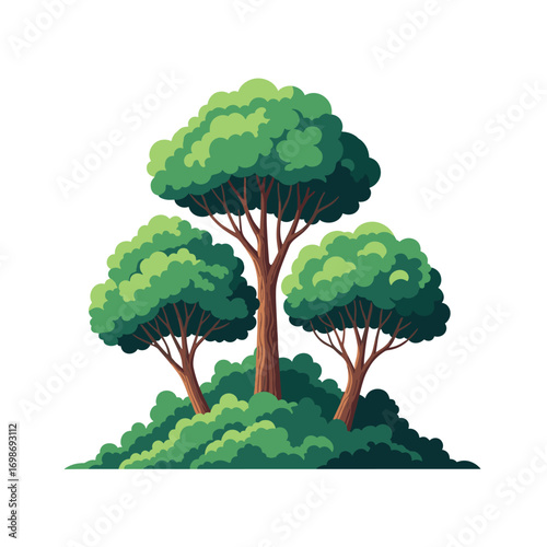 Vibrant green canopy of three lush trees in a verdant bushy landscape