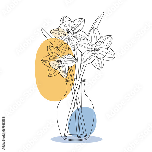 Elegant line art daffodils in a clear glass vase with abstract colorful shapes offering a fresh spring aesthetic