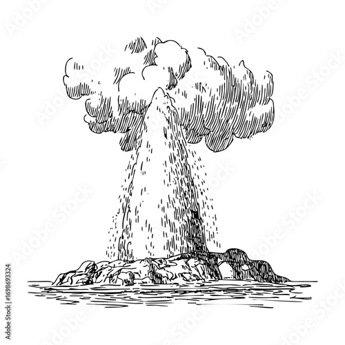 Geyser engraving featuring an erupting hot spring with clouds. Detailed drawing with a clean white background.