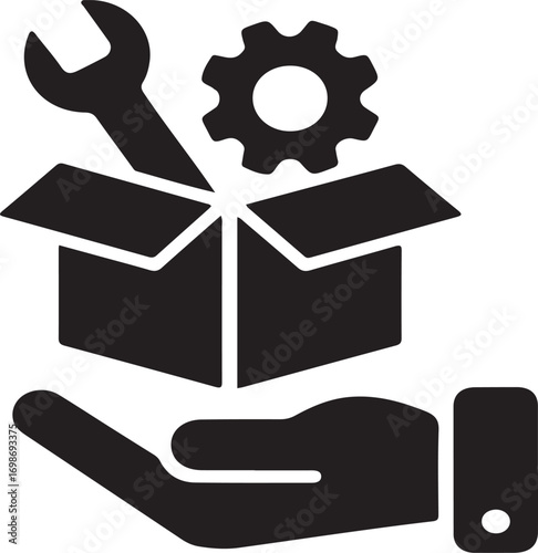 Hand holding open box with wrench and gear vector