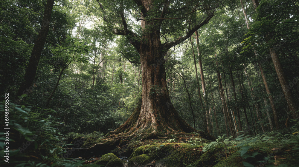 Fototapeta premium A large tree with exposed roots in a dense forest with green foliage and mossy rocks on the ground
