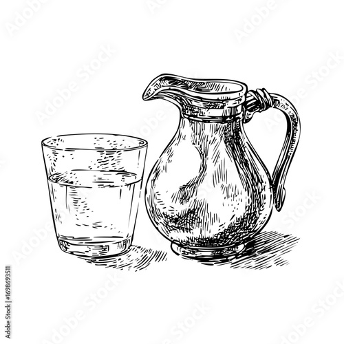 Detailed engraving of a pitcher and glass. Still life illustration. Hand-drawn art. Vector graphic. PNG image. Black and white.