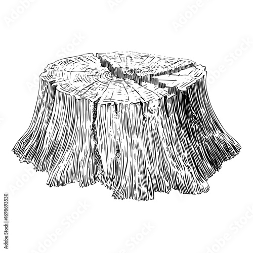 Detailed engraving of a tree stump. Illustration. Hand-drawn art. Vector graphic. PNG image. Black and white. Nature element.