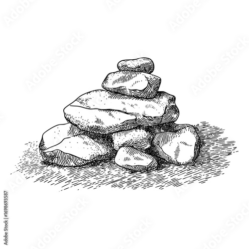 Stacked rocks engraving cairn stone pile landmark. Outdoor marker with balanced stones and textured engraving illustration.