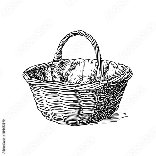 Woven basket engraving with handle. Rustic container illustration with detailed weaving and textured engraving.