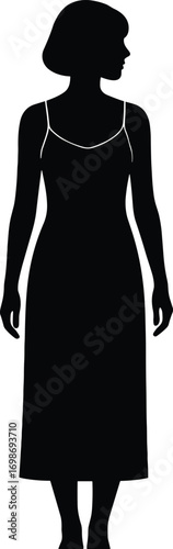 silhouette, slip dress, spaghetti straps, midi length, straight hem