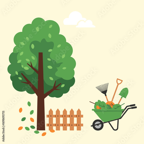 Seasonal autumn garden cleanup with tools and fallen leaves around a large tree
