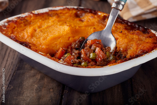 Cottage pie with sweet potato mash topping.