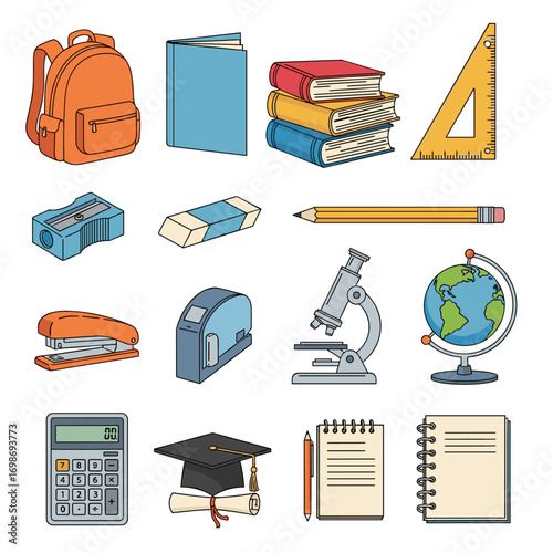 Collection of essential educational tools and supplies for students and learning environments