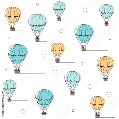 Whimsical ascent of colorful hot air balloons across a vast expanse
