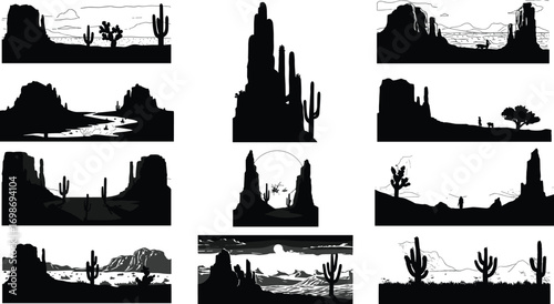 Desert landscape silhouettes with cacti, mountains, rocks, sunset, western scenery, wild west, arid nature, desert background, scenic view, dry environment