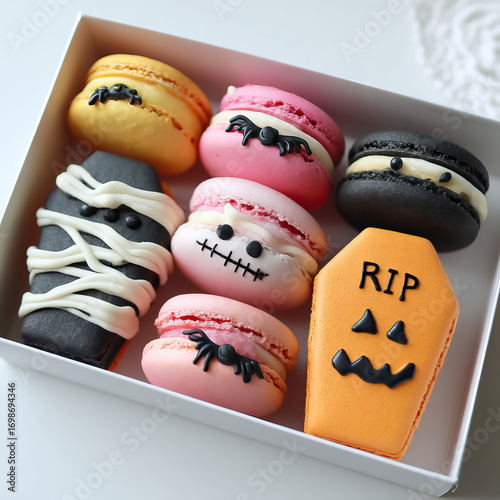 Box of Halloween macarons and coffin cookies with spooky icing, playful seasonal dessert arrangement evoking festive fun and sweet celebration