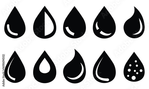 Water Drop Icon Set – Blue Raindrop and Liquid Drop Silhouette Collection for Nature, Weather, and Design Vector Illustration