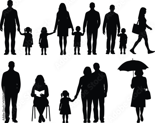 Silhouette of Family, Parents, Children Walking, Holding Hands, Daily Life, Generations, Togetherness, Parenting, Outdoor Activity, Urban Scene