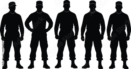 Silhouette of five soldiers standing in uniform, military team, tactical personnel, combat-ready stance, army men, security force, defense unit, disciplined team, military strength