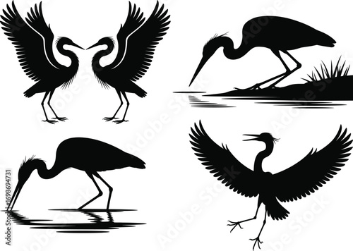 Black Silhouette Heron Birds in Various Poses – Elegant Vector Illustrations of Waterfowl