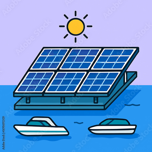 Floating solar panel farm on the water providing renewable energy for electric boats under the sun, a sustainable technology illustration