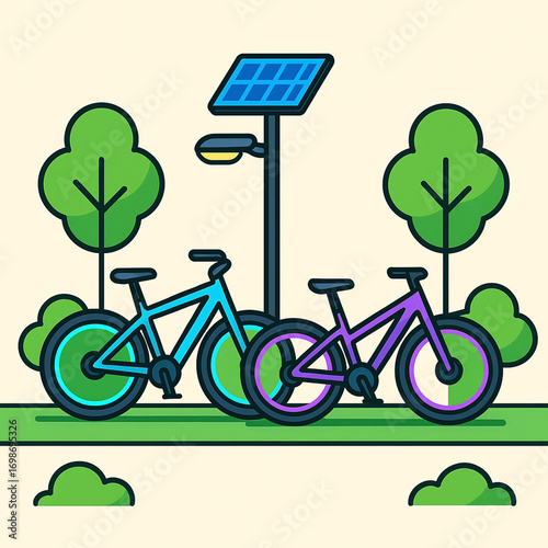 Two bicycles parked in a green park next to a modern solar-powered streetlight, illustrating sustainable urban transportation and renewable energy
