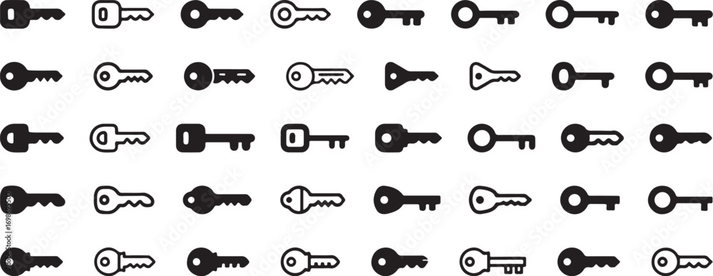 Naklejka premium key, lock, security, access, icon, set, collection, vintage, modern, silhouette, graphic, design, symbol, vector, illustration, object, metal, antique, old, new, simple, flat, outline, shape, door, en