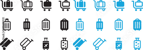 luggage, suitcase, travel, baggage, icon, set, collection, trolley, wheeled, black, blue, silhouette, graphic, design, symbol, vector, transport, vacation, trip, airport, handle, wheels, modern, simpl