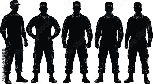 Silhouette of five standing soldiers, military uniform, army personnel, combat-ready stance, tactical gear, disciplined team, security force, army men, defense unit