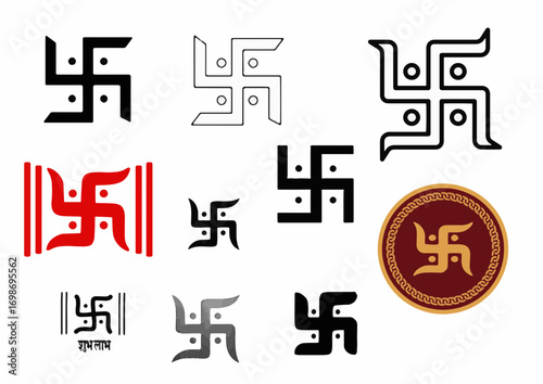 Swastik or swastika icon variations – flat, outline, colour & silhouette