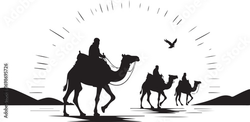 Silhouette of a caravan of camels and riders crossing a desert landscape at sunset Keywords: Camel caravan, desert, silhouette, sunset, travel, journey, arid, landscape, nomadic, traditional