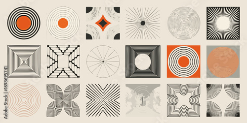 Collection of abstract geometric shapes and patterns with minimalist design and retro vibes