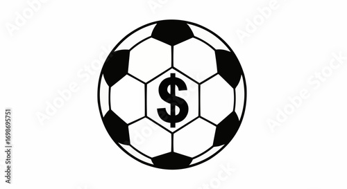 Vector art of a black and white illustration of a soccer ball with a dollar sign in the center, representing the financial aspect of the sport