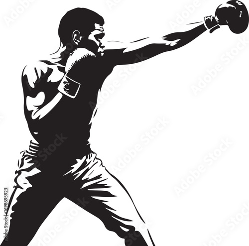 Silhouette of a boxer throwing a punch with boxing gloves on a white background fighting