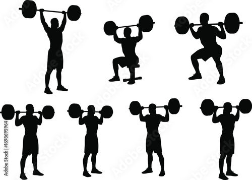 Silhouette of men weightlifting with barbells, strength training, fitness workout, gym exercise, muscle building, powerlifting, athletic activity, gym athletes, weight training session