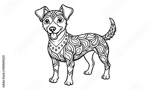 Jack dog Kids t shirt design silhouette and vector line art, Detailed Line Art, Perfect for Relaxation and Stress Relief, Great for Adult Coloring Books or Printable Art Therapy Activities.