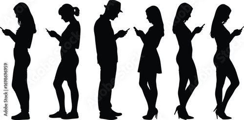 Silhouette of people using smartphones, modern digital lifestyle, phone addiction, technology dependence, communication in digital age, social media obsession.
