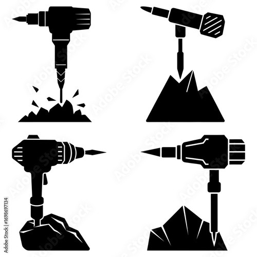Illustration of four black jackhammers breaking rocks and mountains in a graphic design layout style