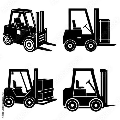 Four forklift trucks in black and white showing different angles and load configurations on a white backdrop